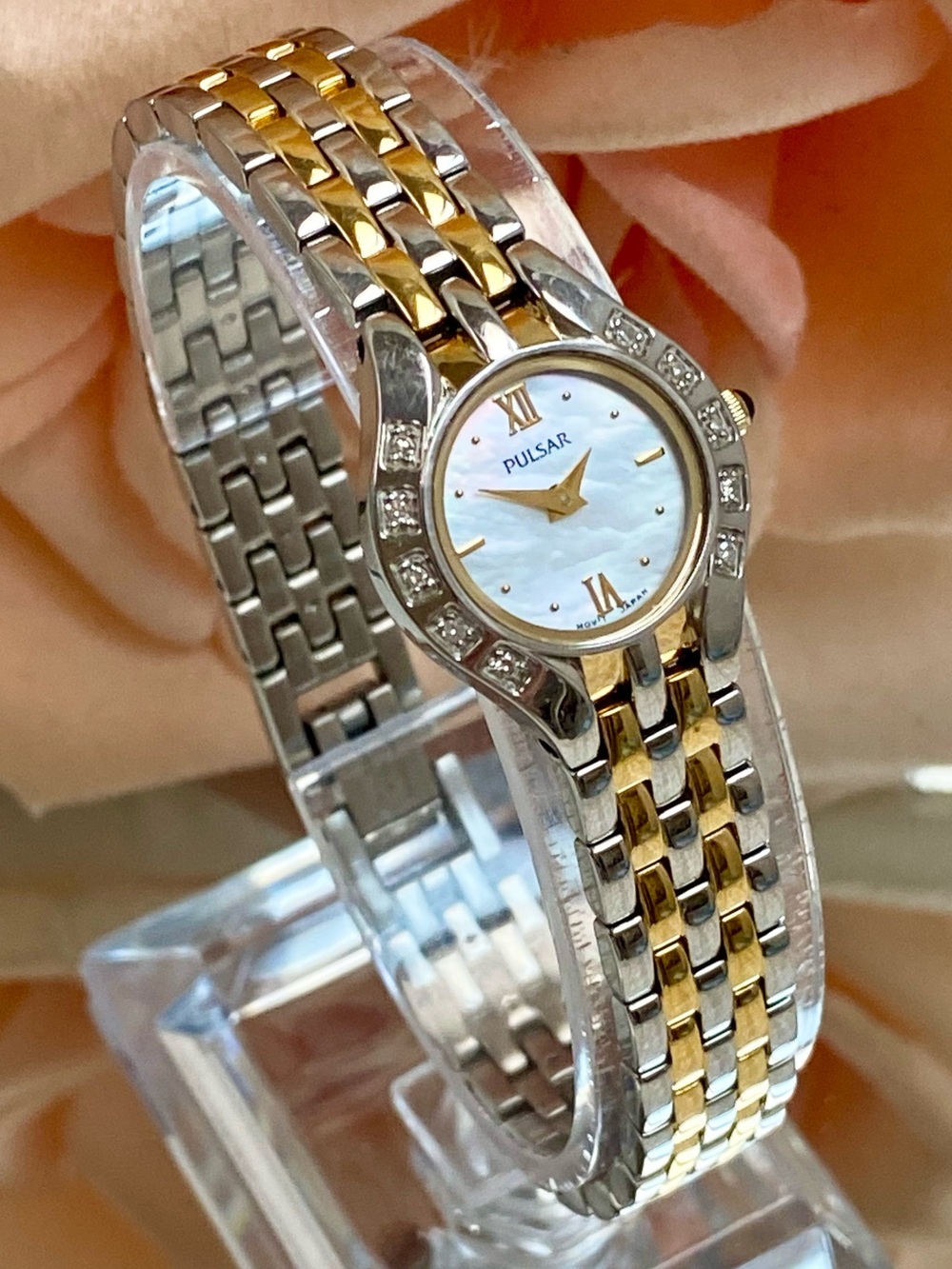 Pulsar by Seiko Diamond Bezel Two-Tone Stainless Steel Dainty Dress Watch MOP